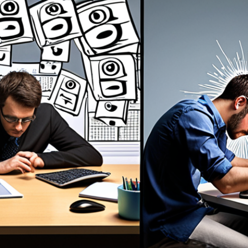 Home 16 **Prompt:** A visually striking "before and after" image. On one side, a stressed individual is overwhelmed by a chaotic desk, overflowing email inbox notifications, and multiple digital distractions, symbolizing digital fatigue and inefficiency. On the other side, the same person is calm, focused, and productive, effortlessly managing tasks with clean, intuitive digital tools and an organized virtual workspace, embodying digital transformation and a sense of regained control. The shift from chaos to clarity should be evident.