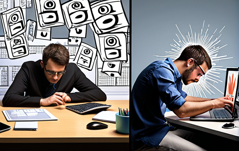 **Prompt:** A visually striking "before and after" image. On one side, a stressed individual is overwhelmed by a chaotic desk, overflowing email inbox notifications, and multiple digital distractions, symbolizing digital fatigue and inefficiency. On the other side, the same person is calm, focused, and productive, effortlessly managing tasks with clean, intuitive digital tools and an organized virtual workspace, embodying digital transformation and a sense of regained control. The shift from chaos to clarity should be evident.
