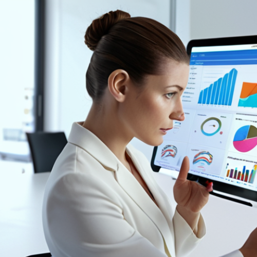 Home 15 **Prompt:** Streamlined business woman in brightly lit modern office setting, confidently analyzing financial data on a tablet, surrounded by automated marketing software interface elements.