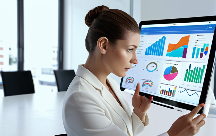 **Prompt:** Streamlined business woman in brightly lit modern office setting, confidently analyzing financial data on a tablet, surrounded by automated marketing software interface elements.