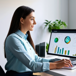 A professional woman, fully clothed in a modest business casual outfit, sits calmly at a sleek, minimalist desk in a modern, sunlit home office. She is interacting with a subtle holographic interface, displaying personalized data streams and intelligent assistant functionalities that optimize her workflow. The room is tidy with contemporary furniture and a few strategically placed green plants, conveying an atmosphere of efficiency, comfort, and advanced technology integration. Perfect anatomy, correct proportions, well-formed hands, natural pose, professional photography, high quality, safe for work, appropriate content, fully clothed, family-friendly.