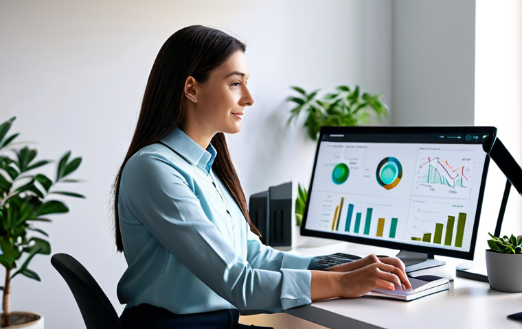 A professional woman, fully clothed in a modest business casual outfit, sits calmly at a sleek, minimalist desk in a modern, sunlit home office. She is interacting with a subtle holographic interface, displaying personalized data streams and intelligent assistant functionalities that optimize her workflow. The room is tidy with contemporary furniture and a few strategically placed green plants, conveying an atmosphere of efficiency, comfort, and advanced technology integration. Perfect anatomy, correct proportions, well-formed hands, natural pose, professional photography, high quality, safe for work, appropriate content, fully clothed, family-friendly.