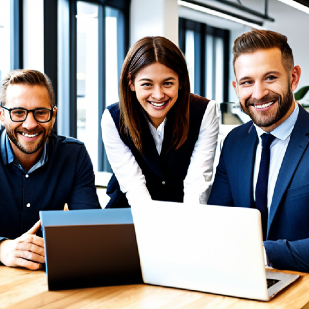 **
A diverse team of professionals in a modern, open-plan office, collaborating on a project. Everyone is fully clothed in business casual attire, smiling and engaged. Laptops and tablets are visible. The environment is bright and airy. Safe for work, appropriate content, fully clothed, professional, perfect anatomy, natural proportions, well-formed hands, proper finger count, family-friendly.
**