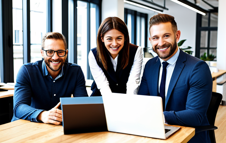 **
A diverse team of professionals in a modern, open-plan office, collaborating on a project. Everyone is fully clothed in business casual attire, smiling and engaged. Laptops and tablets are visible. The environment is bright and airy. Safe for work, appropriate content, fully clothed, professional, perfect anatomy, natural proportions, well-formed hands, proper finger count, family-friendly.
**