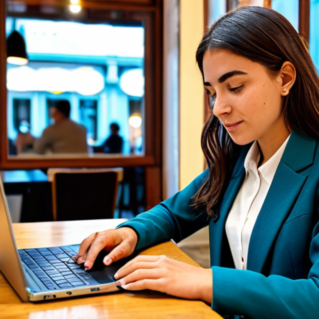 **
"A successful young professional woman, fully clothed in a stylish but modest business casual outfit (blazer, blouse, dress pants), working on a laptop at a brightly lit cafe in Lisbon, Portugal. Appropriate attire, safe for work, perfect anatomy, natural proportions, professional photography, high quality, family-friendly, well-formed hands, proper finger count."
**