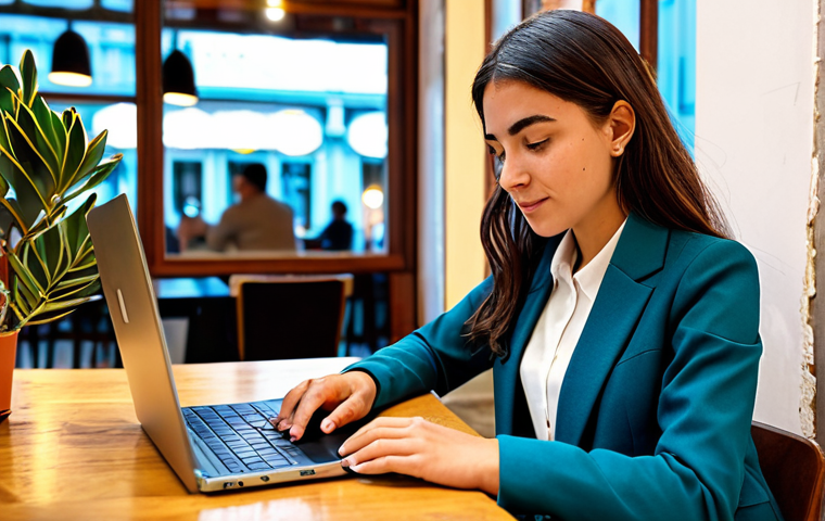 **
"A successful young professional woman, fully clothed in a stylish but modest business casual outfit (blazer, blouse, dress pants), working on a laptop at a brightly lit cafe in Lisbon, Portugal. Appropriate attire, safe for work, perfect anatomy, natural proportions, professional photography, high quality, family-friendly, well-formed hands, proper finger count."
**