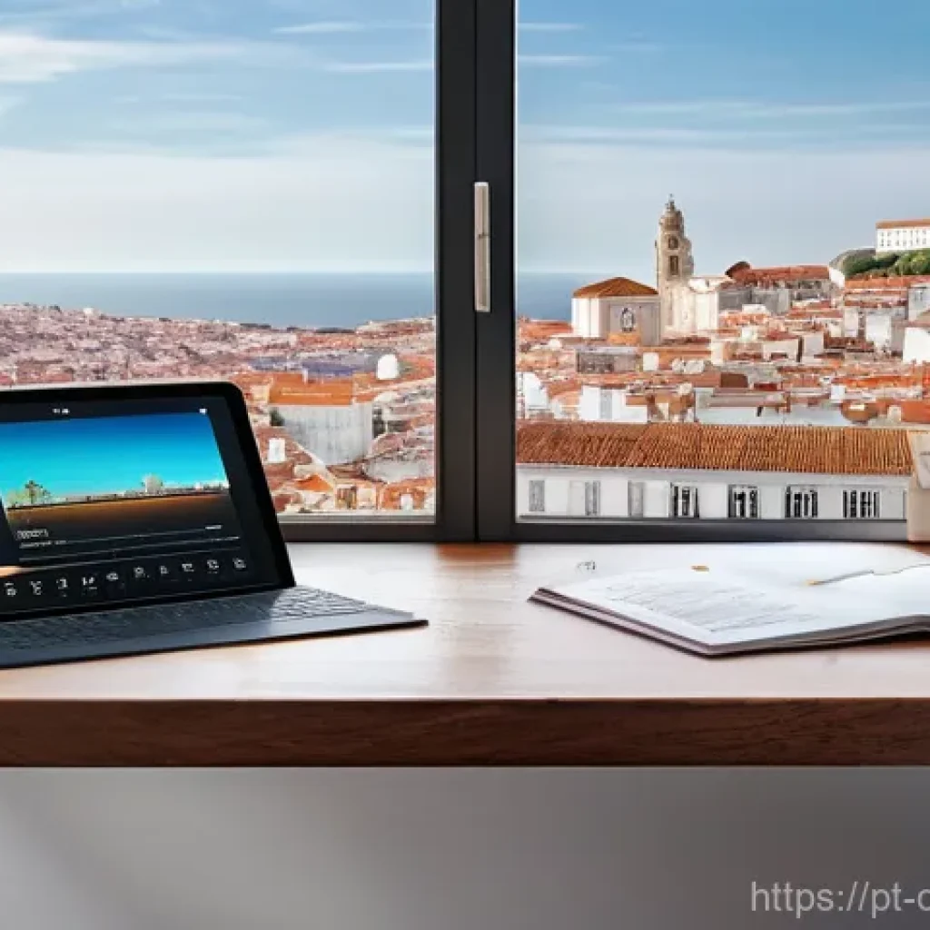 디지털 도구의 멀티 플랫폼 활용 방안 - **Multi-platform Digital Harmony in Lisbon:** A bright, airy image depicting a young Portuguese prof...