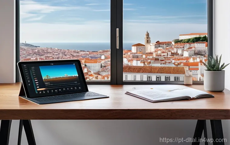 디지털 도구의 멀티 플랫폼 활용 방안 - **Multi-platform Digital Harmony in Lisbon:** A bright, airy image depicting a young Portuguese prof...