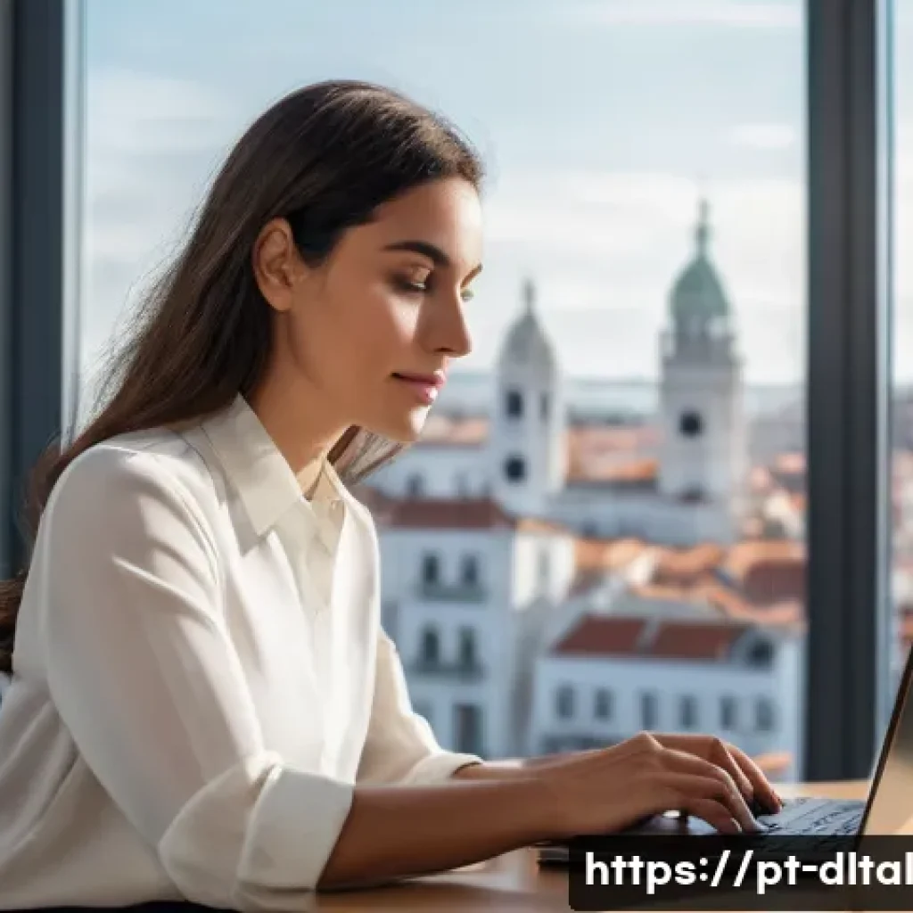 디지털 도구를 활용한 비즈니스 전략 수립 - A young, professional Portuguese woman, dressed in stylish but casual business attire (e.g., a smart...
