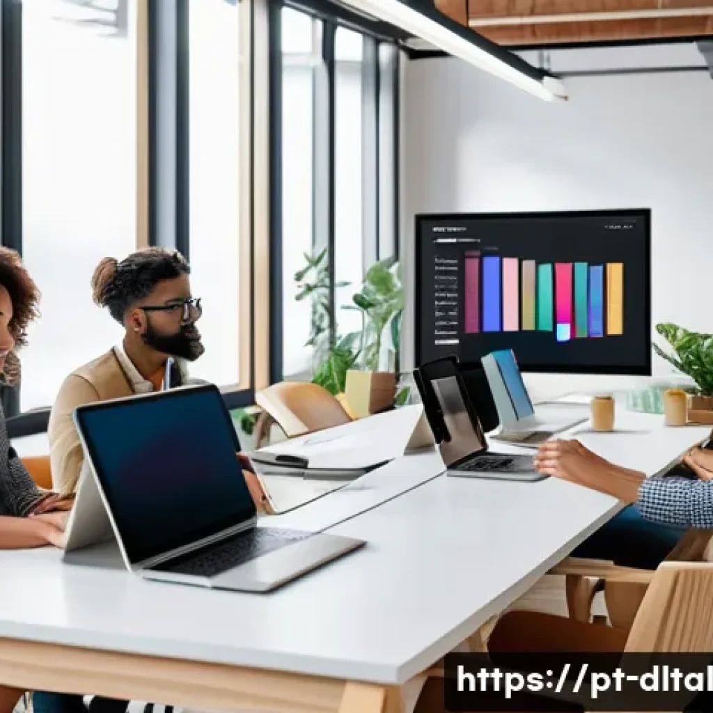 디지털 도구를 통한 크리에이티브 작업 최적화 - A modern digital workspace scene showing a diverse team of young professionals collaborating efficie...