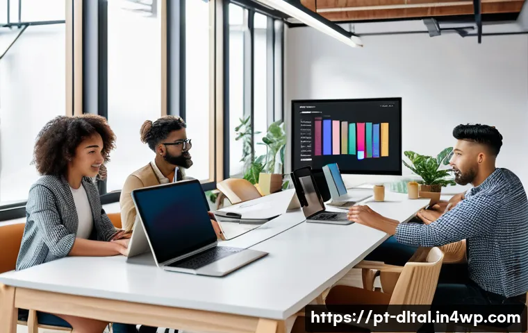 디지털 도구를 통한 크리에이티브 작업 최적화 - A modern digital workspace scene showing a diverse team of young professionals collaborating efficie...