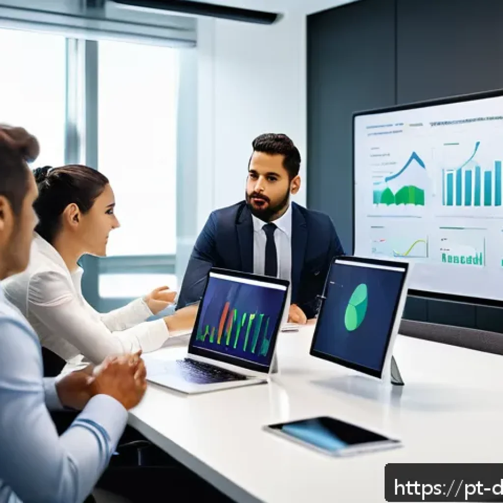 디지털 도구의 비용 대비 효과 분석 - A modern office scene featuring a diverse Brazilian business team analyzing digital dashboards on mu...