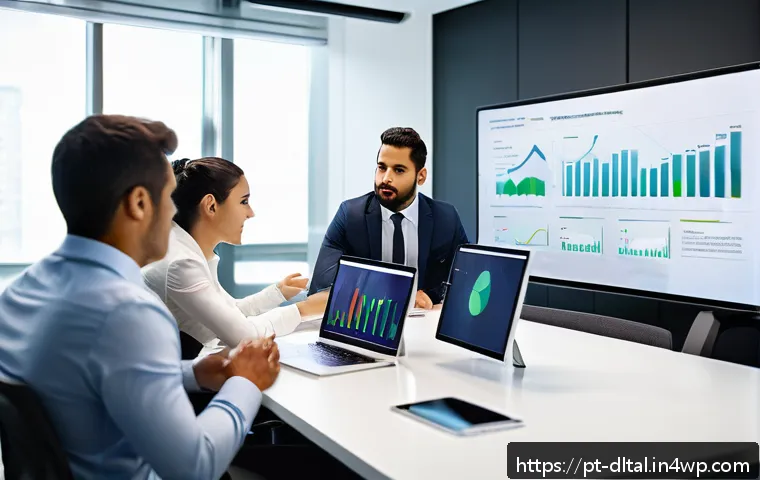 디지털 도구의 비용 대비 효과 분석 - A modern office scene featuring a diverse Brazilian business team analyzing digital dashboards on mu...