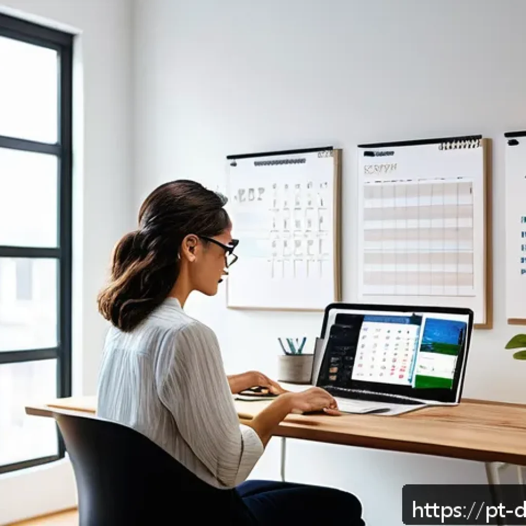 생산성 도구의 선택과 활용에 대한 실무 팁 - A modern home office setting with a young professional woman sitting at a sleek desk, surrounded by ...