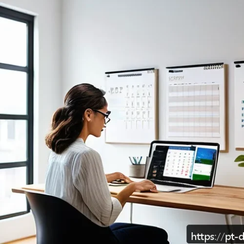 Home 32 생산성 도구의 선택과 활용에 대한 실무 팁 - A modern home office setting with a young professional woman sitting at a sleek desk, surrounded by ...