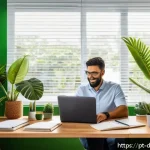 Home 18 디지털 도구의 활용으로 업무 스트레스 감소 - A modern home office scene showing a Brazilian professional using a laptop and smartphone simultaneo...