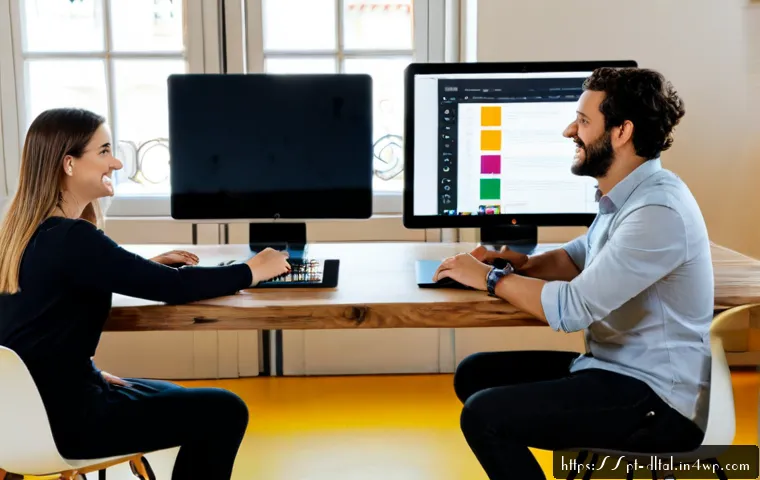 Home 17 팀워크를 강화하는 디지털 협업 도구 - Photorealistic modern Lisbon coworking space, a diverse Portuguese-speaking team of four adults coll...