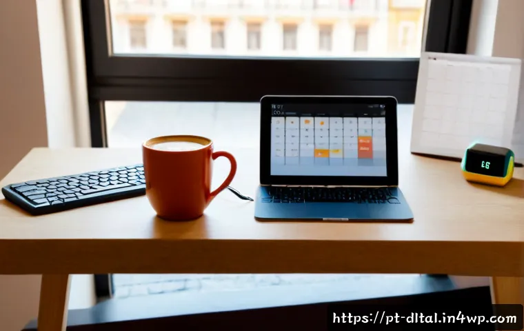 Home 17 디지털 도구를 통한 시간 절약 전략 - Photorealistic home office in Lisbon, organized desk with a smartphone showing abstract calendar blo...